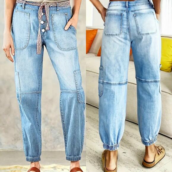 Denim Joggers Button Fly Womens Pants Sz XL Large Cargo Blue Mid Wash Cotton - Picture 1 of 12